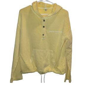 Old Navy Button Tie Waist Hoodie Pullover Sweatshirt Yellow w Graphic XS